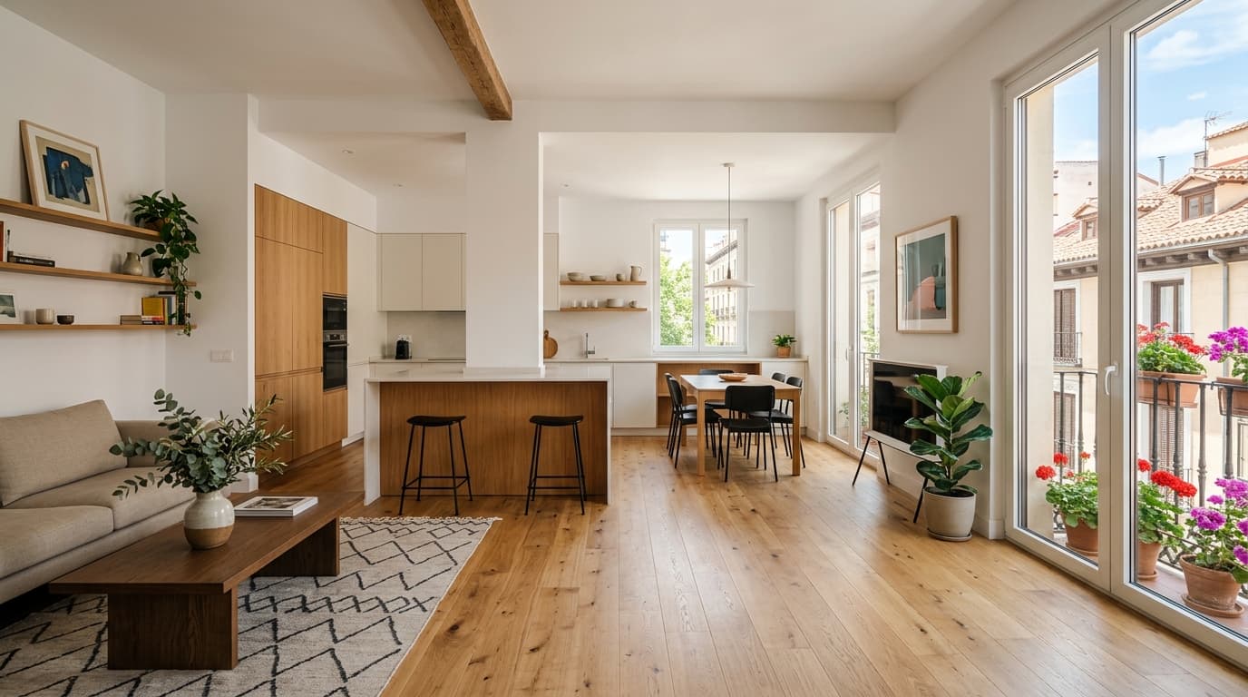 Salón diáfano con cocina integrada