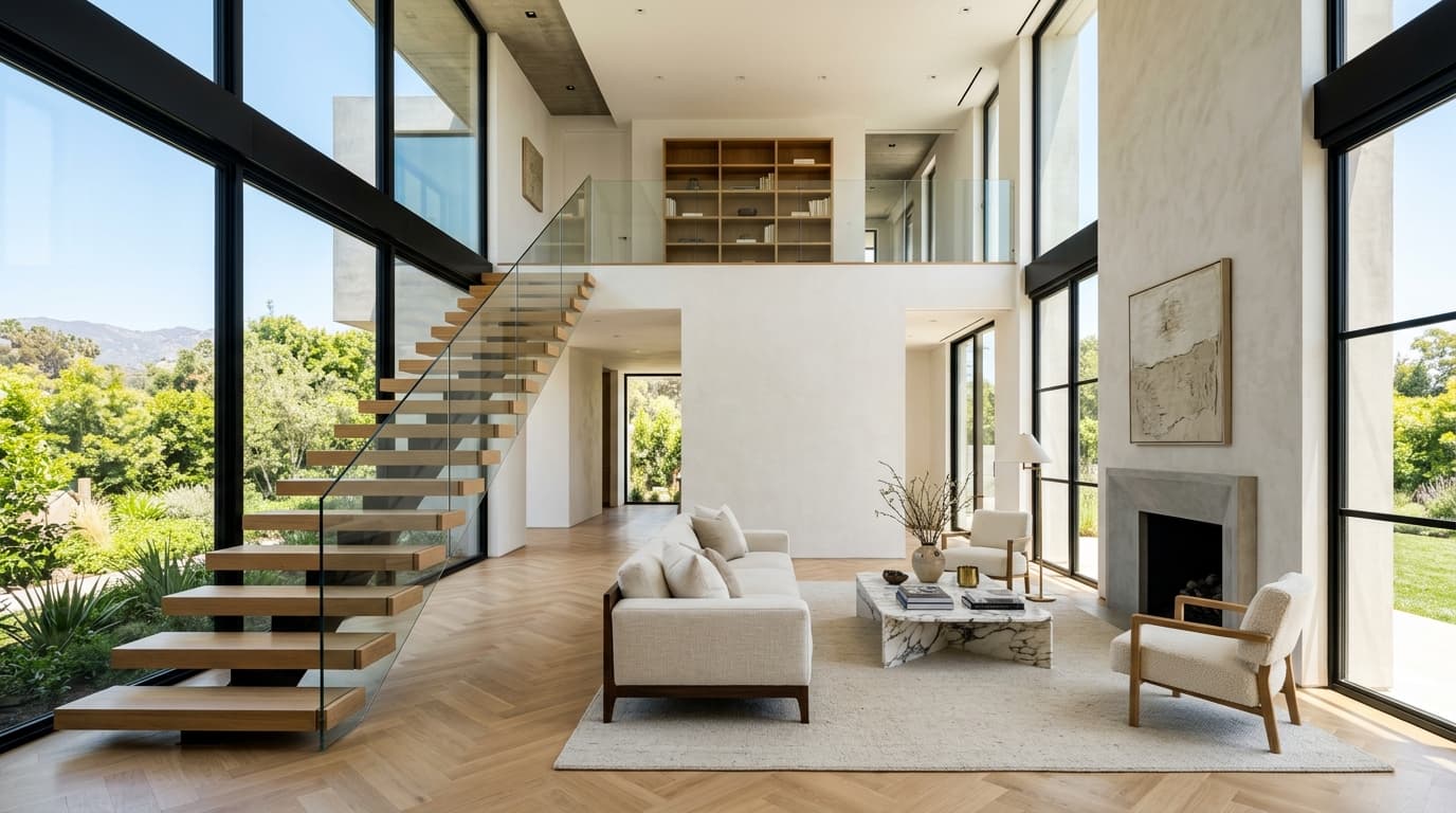 Salón de lujo a dos alturas con escalera volada de madera y barandilla acristalada, obra de la red de Construcciones Anaid